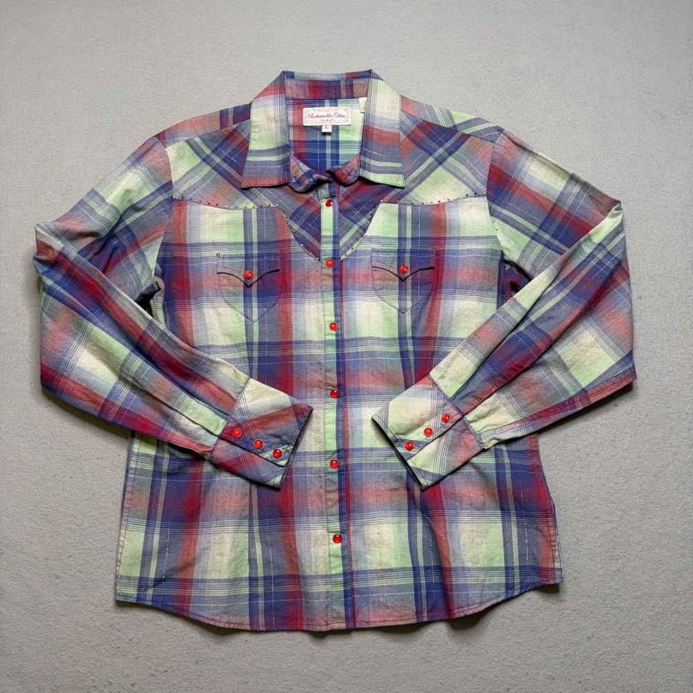 Panhandle Slim Western Shirt Womens L Multicolor Plaid Lurex Studded Snap Front